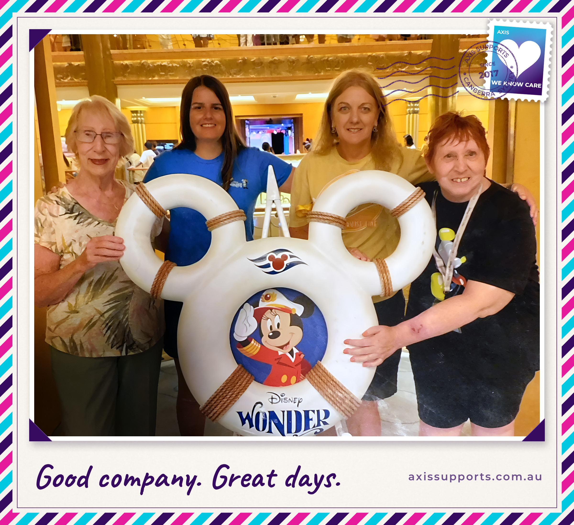Cruise group postcard: four people aboard Disney Wonder. Good company. Great days.